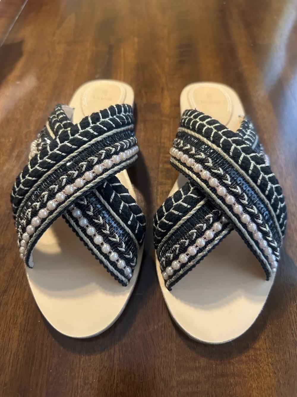 Bill Blass Women's Beaded Slide Sandals/ Black White Straps Size 8.5